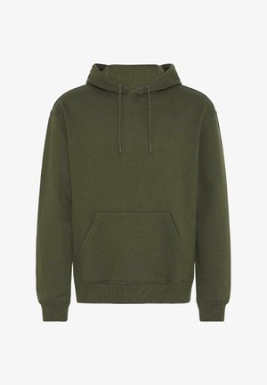 Olivově zelená mikina vyrobená z bavlny s kapucí na šňůrku, klokaní kapsou, žebrovanými manžetami a lemem. Měkká textura a neformální design.