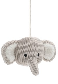 Knitted elephant head hanging decor in light gray with black eyes, textured body, white plush accents on ears, and hanging string.