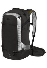 Zaino nero con accenti argento, pannelli laterali testurizzati, spallacci imbottiti, tasche esterne e scomparti con cerniera. Design resistente per uso all'aperto.