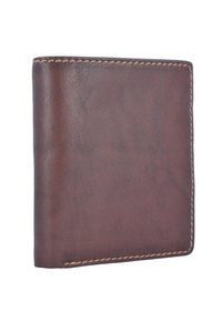 Braune Lederbörse mit glatter Textur, die eine Kontrastnaht entlang der Kanten und ein gefaltetes Design aufweist. Keine sichtbaren Logos oder Muster.