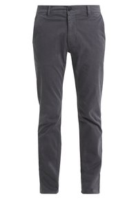 Grå bomullbyxor med rak passform, med knappstängning, bälteshemper och sidfickor. Slät textur med minimal detaljering.