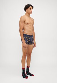Herrens boxerbriefs i marinblått med ett färgglatt djurmotiv. Materialet verkar mjukt med en åtsittande passform; åtföljd av röda och gröna rutiga strumpor.
