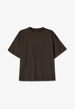 Dark brown, oversized cotton t-shirt featuring short sleeves and a round neckline. Front has subtle "PEGADOR" logo in matching tone.