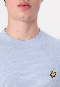 Světle modrý pletený svetr s kulatým výstřihem a malým černým a žlutým vyšitým logem ptáka na levé straně hrudi.