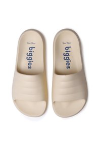 Sandali slip-on color crema con suola piatta, caratterizzati da un design texturizzato e punta aperta. Logo "biggies" stampato in blu all'interno.
