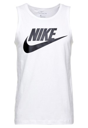 White cotton tank top featuring a large black Nike logo on the front. The design includes a round neckline and sleeveless cut.