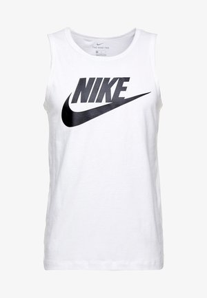 Biely bavlnený top bez rukávov so veľkým čiernym logom Nike na prednej strane. Dizajn obsahuje okrúhly výstrih a strih bez rukávov.