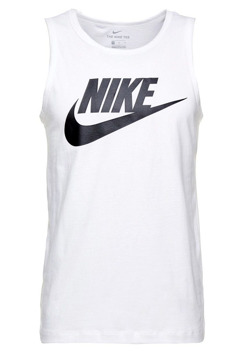 Débardeur en coton blanc avec un grand logo Nike noir sur le devant. Le design inclut un col rond et des emmanchures sans manches.
