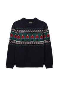 Pull marine à col rond, arborant un motif festif de casse-noisette en rouge et vert, agrémenté d'un motif losange en blanc et vert.