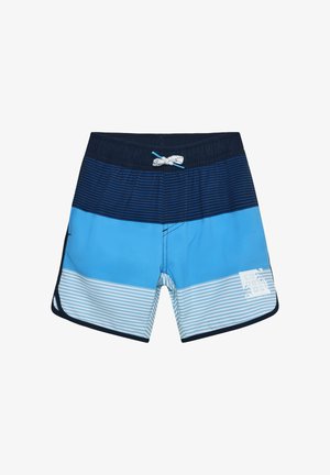 Blauwe zwembroek voor heren met een donkerblauwe tailleband, lichtblauwe middenpartij en een onderste gedeelte met wit-blauwe strepen en een trekkoordsluiting.