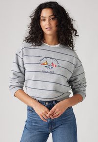 Sweatshirt gris avec rayures bleu marine, design brodé avec des drapeaux, col rond et poignets côtelés, associé à un jean en denim.