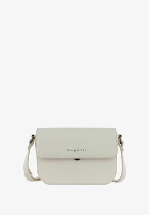 Borsa a tracolla beige realizzata in materiale sintetico liscio, con chiusura a patta, finiture in argento e nome del marchio in rilievo sul fronte.