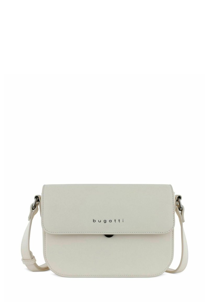 Borsa a tracolla beige realizzata in materiale sintetico liscio, con chiusura a patta, finiture in argento e nome del marchio in rilievo sul fronte.