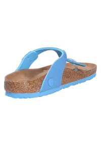 Blue flip-flop sandal with a textured cork footbed, fabric straps, and a rubber sole. Features a round logo detail on the side.