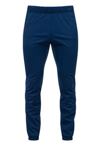 Tummansininen urheiluhousu made of smooth fabric, jossa on elastinen vyötärö, slim fit, taskut ja kapenevat pitäjät.