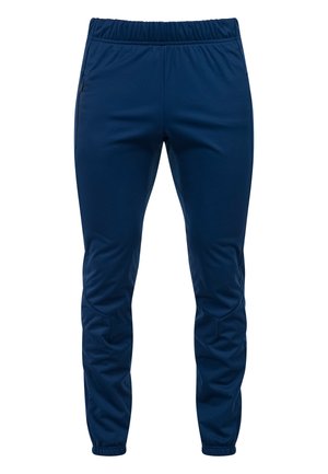 Marineblaue Sporthosen aus glattem Stoff, mit elastischem Bund, schlanker Passform, Taschen und schmal zulaufenden Säumen.