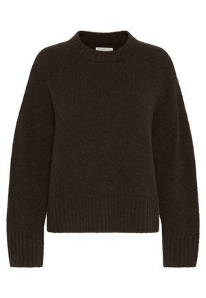Pull en tricot marron avec un col rond et des manches longues, présentant une texture côtelée à l'ourlet et aux poignets. Matériau doux et confortable.