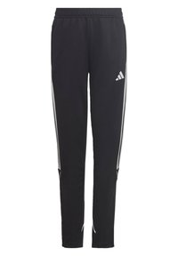 Pantalons de sport noirs avec une taille élastique, arborant des rayures blanches sur les côtés et un logo brodé. Fabriqués en tissu lisse et extensible.