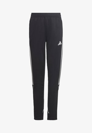 Czarne spodnie sportowe z elastycznym pasem, z białymi paskami po bokach oraz haftowanym logo. Wykonane z gładkiego, elastycznego materiału.
