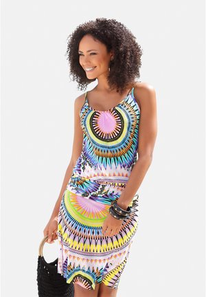 Vestido sin mangas multicolor con un patrón circular en rosa, amarillo, negro y azul. Fabricado con una tela suave y con una silueta ajustada.