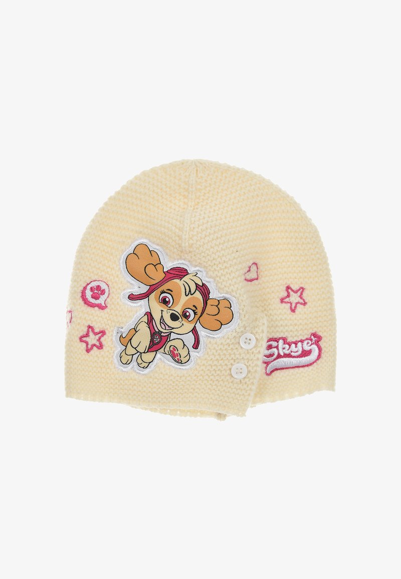 Crème gebreide beanie met een cartoon hondenpatch, roze accenten en twee witte knopen. Heeft sterren en de naam "Skye" in het roze geborduurd.