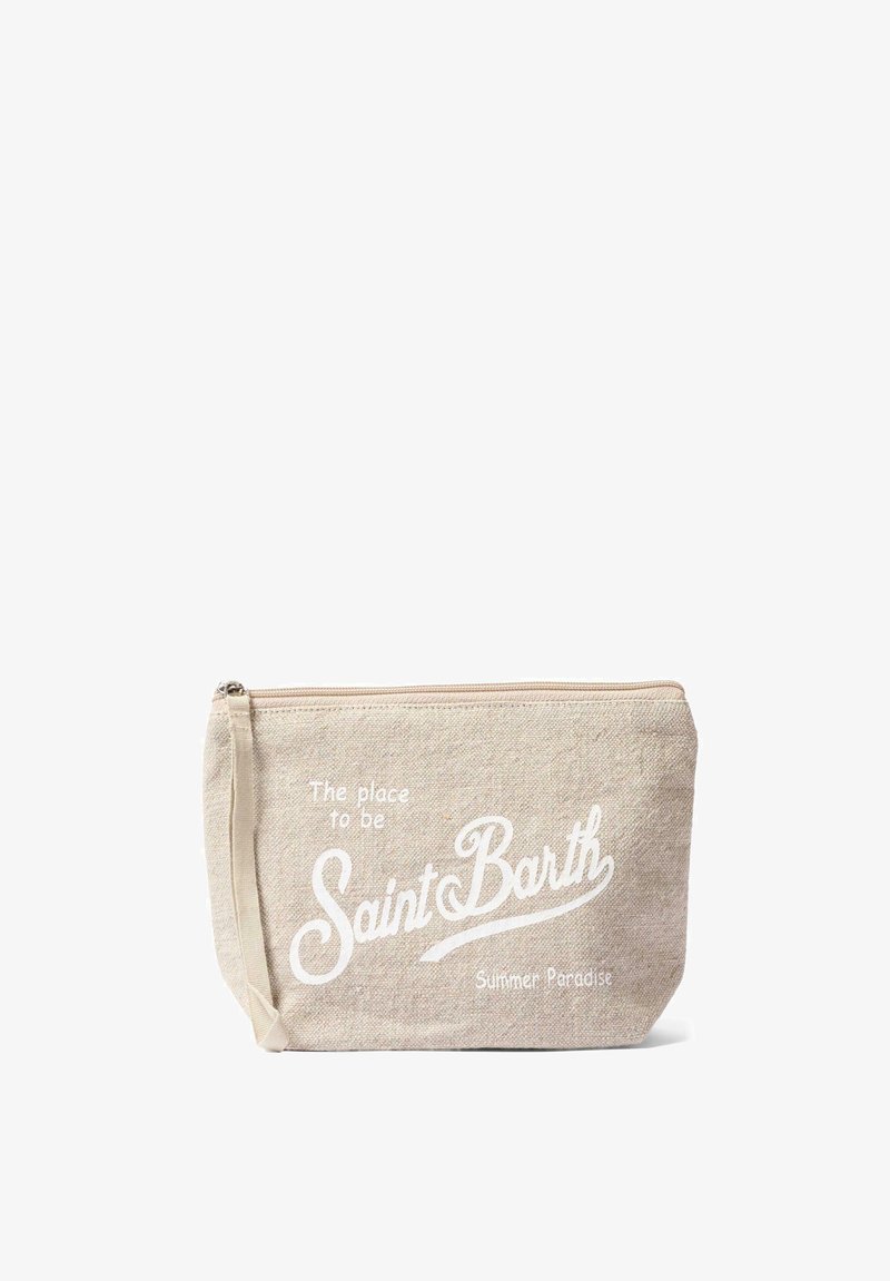 Pochette en tissu beige avec fermeture éclair et sangle, arborant un texte blanc disant "The place to be Saint Barth Summer Paradise."