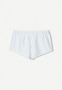 Costume da bagno a righe blu e bianche con cintura elastica, taglio quadrato, tessuto leggero e texture liscia.