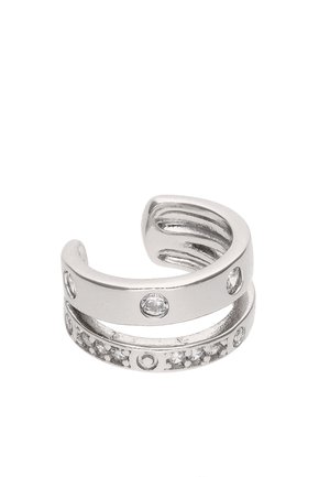 Inel deschis argintiu, format din două benzi paralele cu pietre rotunde clare încrustate.