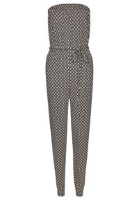 Combinaison à motifs noir et blanc avec un design sans bretelles, une taille élastique, un détail à nouer et des jambes fuselées agrémentées de boutons.