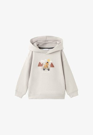 Ljusgrå pullover hoodie med en grafisk framsidan. Innehåller en cartoon-design av en tiger i ett fordon och berg, med texten "TILL DET VILDA".
