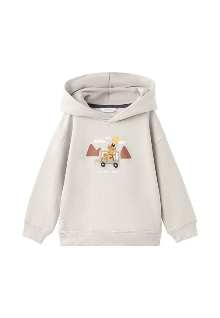 Ljusgrå pullover hoodie med en grafisk framsidan. Innehåller en cartoon-design av en tiger i ett fordon och berg, med texten "TILL DET VILDA".