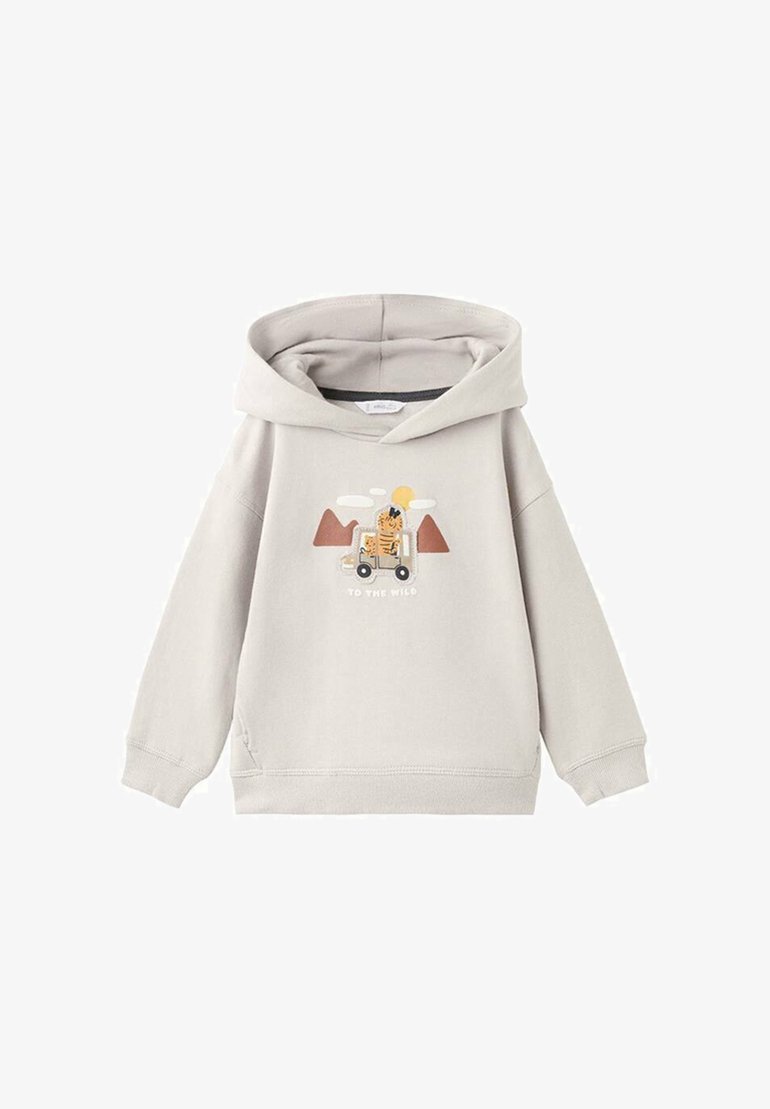 Světle šedá mikina s kapucí s předním potiskem. Obsahuje karikaturu tygra v autě a hory, s textem "DO DIVOKÉ PŘÍRODY".