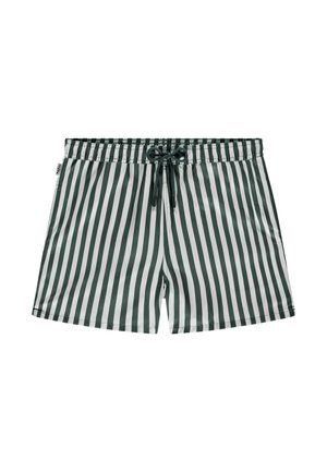 Męskie spodenki kąpielowe w czarno-białe pionowe paski z czarnym ściągaczem w pasie.