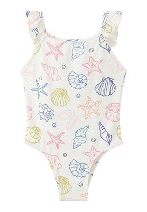 Biele detské plavky s volánikovými ramienkami, zdobené farebnými vzormi morských mušlí a hviezdic v ružovej, modrej a žltej farbe.