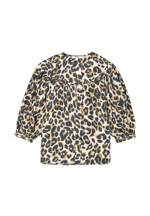 Blouse à imprimé léopard avec un col rond, des manches bouffantes longues et une coupe ample. Le matériau semble doux avec des motifs contrastants noir et beige.