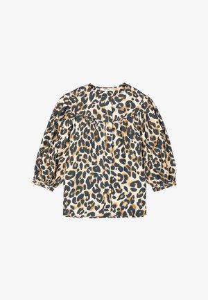 Blouse à imprimé léopard avec un col rond, des manches bouffantes longues et une coupe ample. Le matériau semble doux avec des motifs contrastants noir et beige.