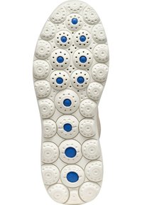 Suola di scarpa in gomma bianca con accenti blu circolari, superficie testurizzata con perforazioni per la ventilazione e un bordo leggermente rialzato.