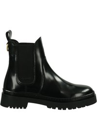 Black leather ankle boots feature a sleek design with a rounded toe, elastic side panels, and a rippled rubber sole for traction. Gold accent on the pull tab.