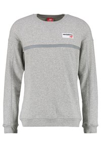 Felpa grigia in mélange di cotone con scollatura a girocollo, maniche raglan e una striscia orizzontale grigia sul petto. Presenta un logo.