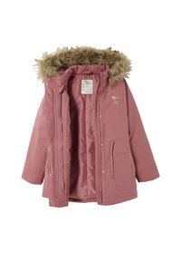 Pink, insulated jacket with a fur-lined hood, front zipper, and snap fasteners. Features two side pockets and a smooth lining.