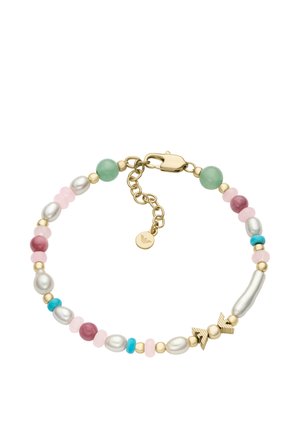 Goldkettchen-Armband mit mehrfarbigen Perlen, darunter rosa, weiße Perlen, Türkis, grüne Steine und goldene Emporio Armani Logo-Akzente.