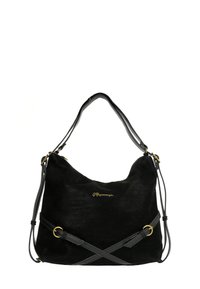 Bolso de hombro de ante negro con un diseño holgado, que cuenta con una delgada correa de cuero negro, acentos dorados y detalles entrelazados en la parte frontal.