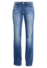 Blå denim jeans med lige pasform, med let vask, diskret falmning, fem lommer og metalknaplukning.