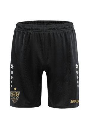 Zwarte sportshorts met elastische tailleband, gouden embleem op het linkerbeen, gouden "JAKO"-logo op het rechterbeen en verticale witte stippenpatronen aan beide zijden.