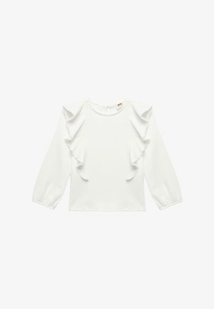 Biała bluzka z długim rękawem, z falbanami przy ramionach i rękawach. Wykonana z teksturowanej tkaniny, z okrągłym dekoltem i zapięciem z tyłu.