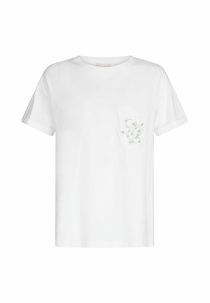 T-shirt bianco in cotone con collo rotondo, maniche corte e taschino sul lato sinistro con delicati dettagli floreali ricamati.