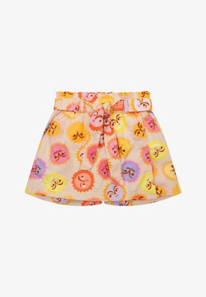 Kleurrijke korte broeken van lichtgewicht stof met een striksluiting in de taille, met een speels patroon van glimlachende zonnetjes in oranje, roze, paars en geel.