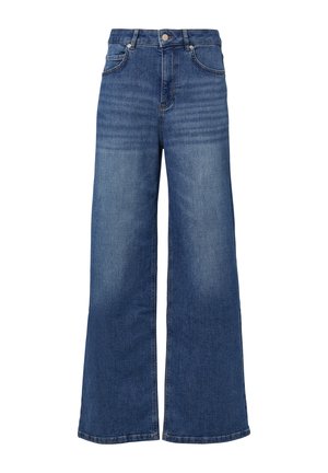 Wijdvallende denim jeans in medium blauw, met een hoge taille, vijf zakken en een knoop- en ritssluiting, met een gladde textuur.