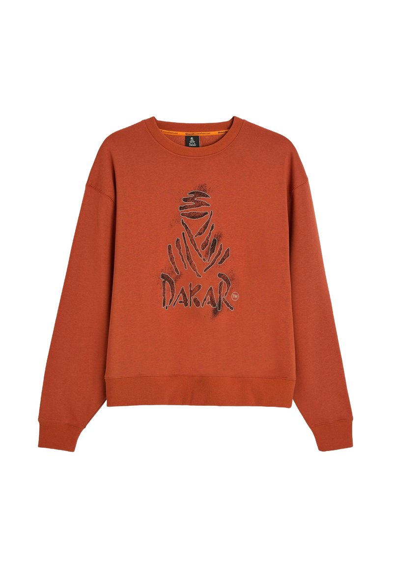 Pomarańczowy sweatshirt wykonany z mieszanki bawełny, z dużym czarnym logo graficznym na środku oraz ściągaczami na mankietach i u dołu.