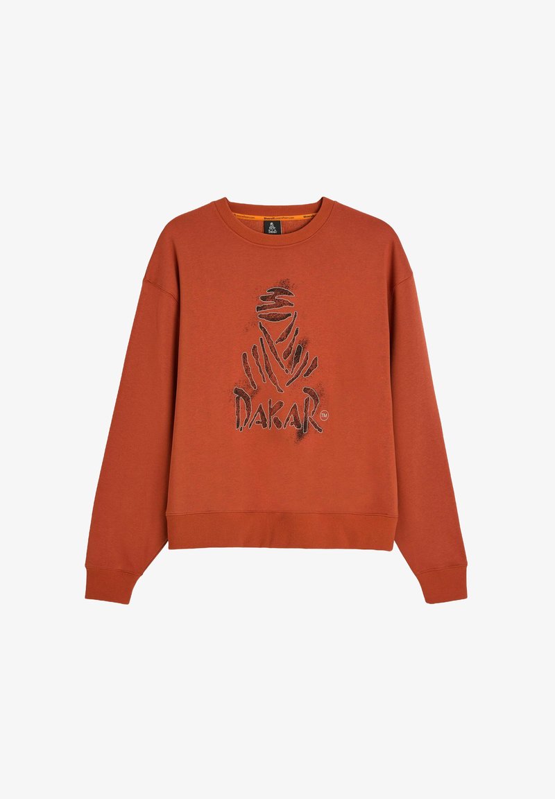 Pomarańczowy sweatshirt wykonany z mieszanki bawełny, z dużym czarnym logo graficznym na środku oraz ściągaczami na mankietach i u dołu.